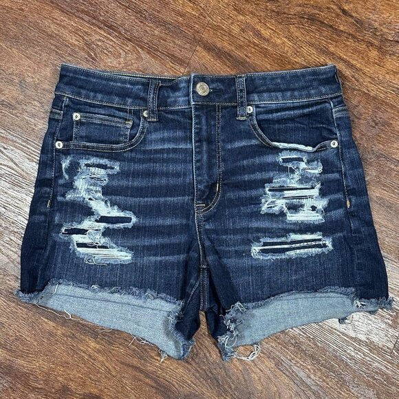 AMERICAN EAGLE NEXT LEVEL STRETCH size 8 DARK WASH DISTRESSED HI RISE SHORTIE - Picture 2 of 15